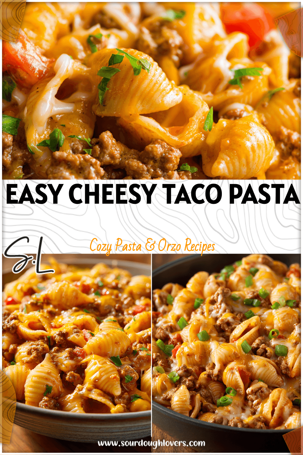 Bowl of cheesy taco pasta shells mixed with seasoned meat and melted cheese for an Easy Taco Pasta Dinner.